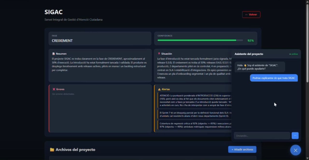 PulseAI dashboard with project progress, confidence scores and integrated chat